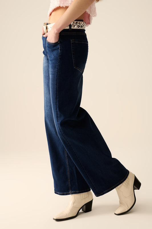 dark wash Wide Leg Stretch Denim Jeans - Denim