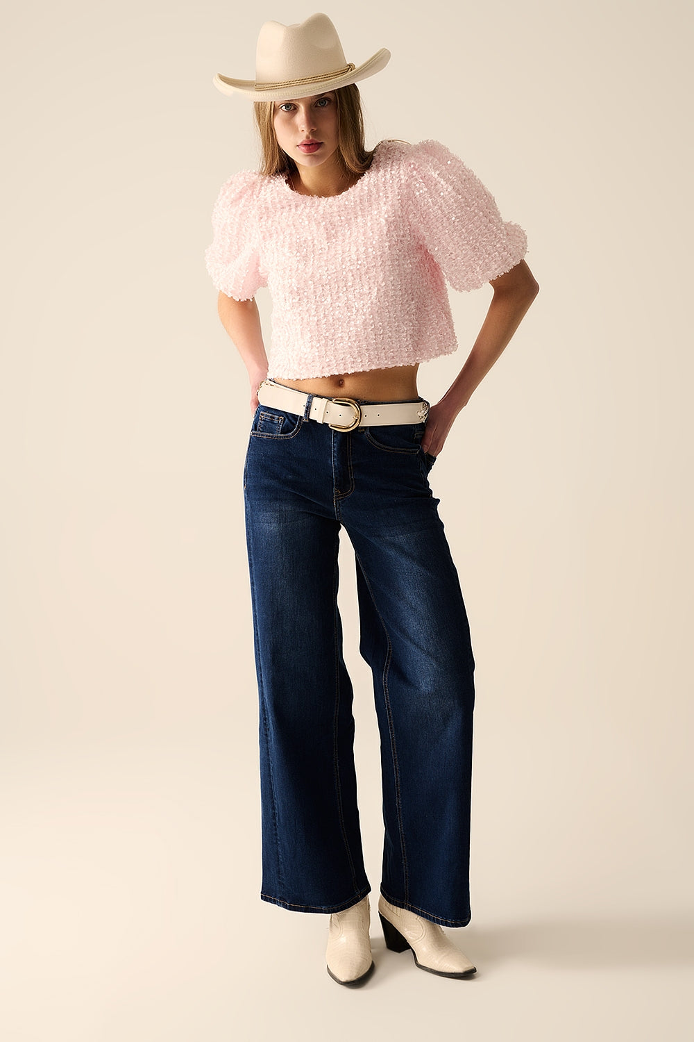dark wash Wide Leg Stretch Denim Jeans - Denim