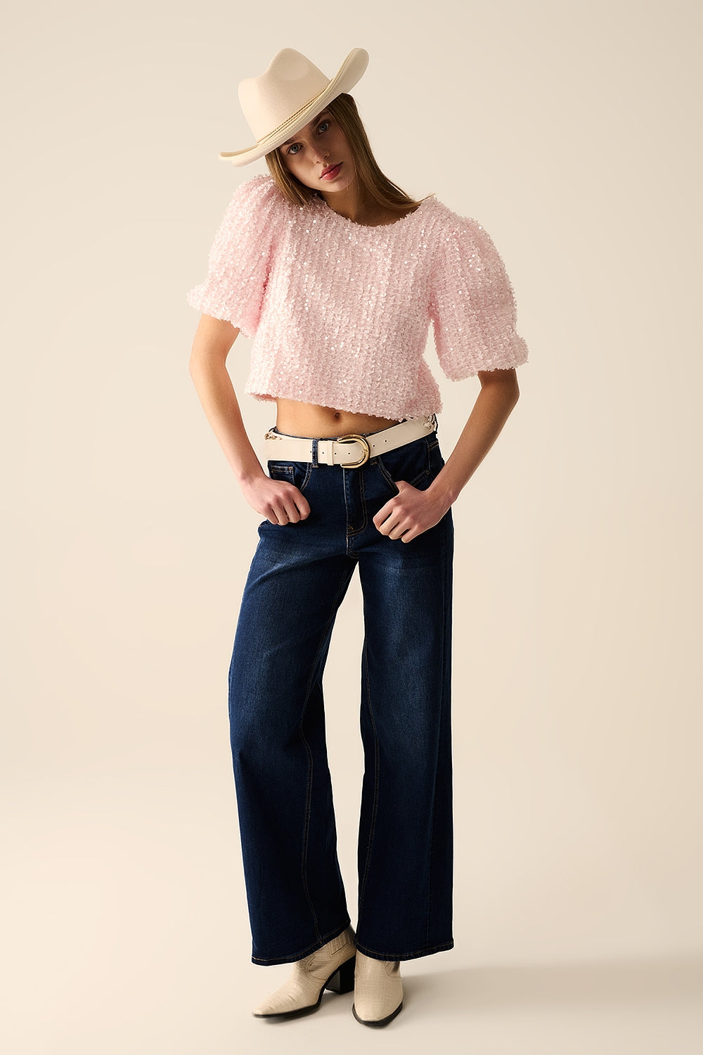 dark wash Wide Leg Stretch Denim Jeans - Denim