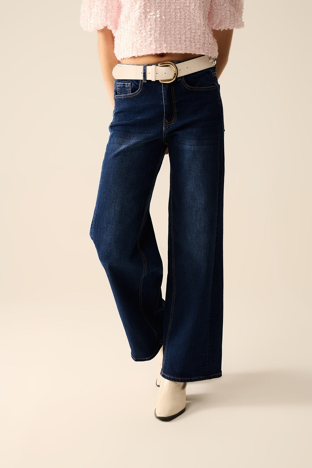 dark wash Wide Leg Stretch Denim Jeans - Denim