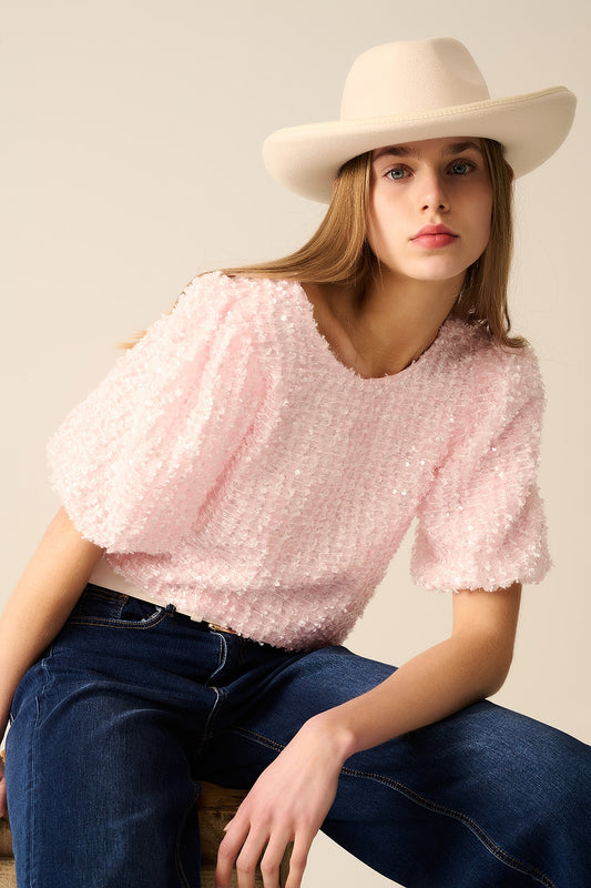 Pink top with sequin detail and balloon sleeves