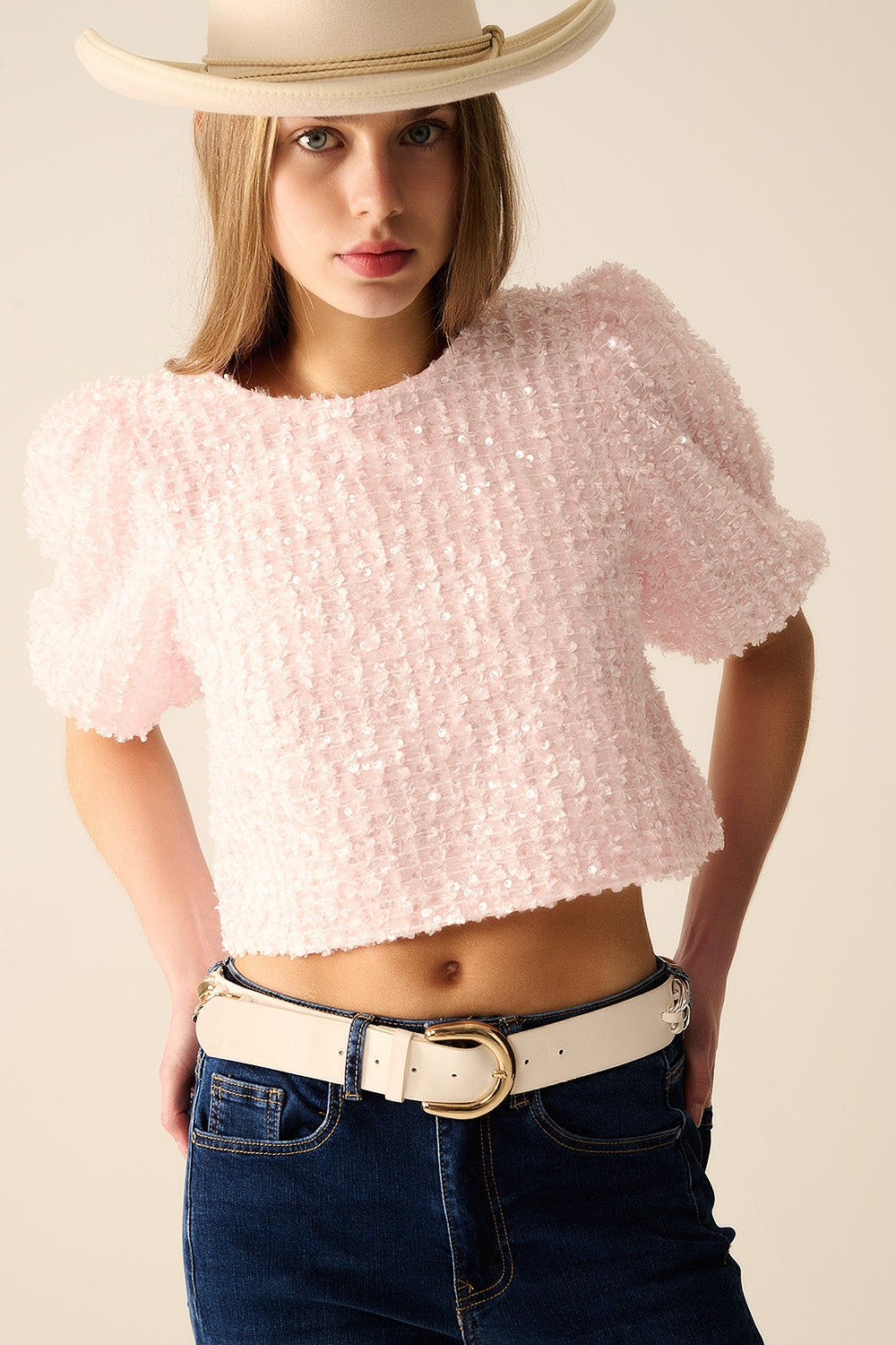 Pink top with sequin detail and balloon sleeves