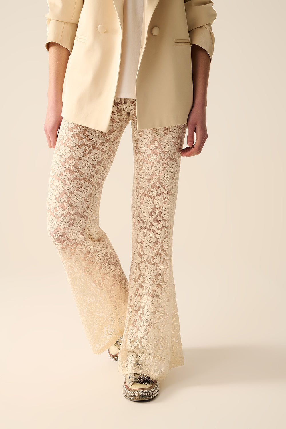 Cream flare Pants in Floral Lace