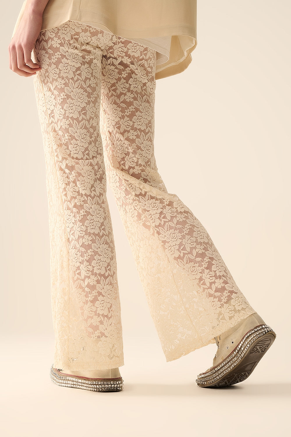 Cream flare Pants in Floral Lace - trousers