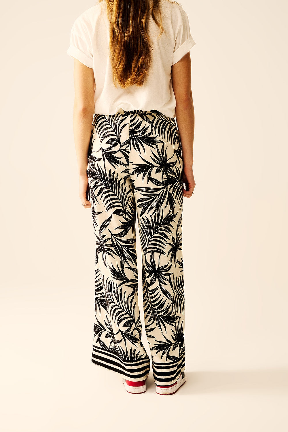 Wide Leg Pants In White With Floral Detail In Black - trousers