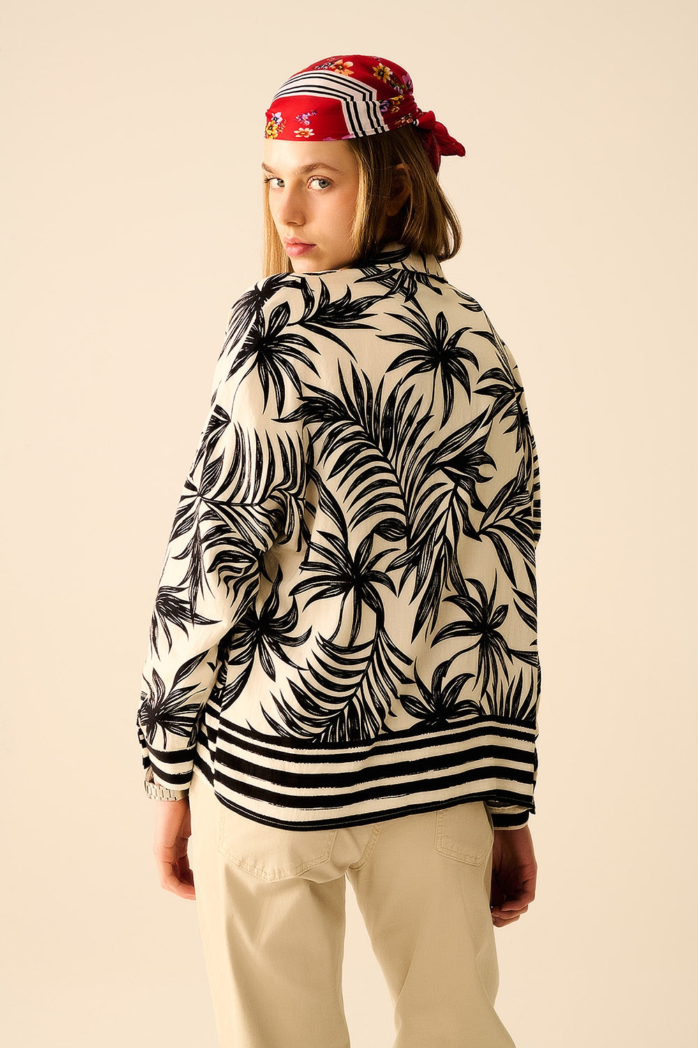 Tropical Motif Relaxed Blouse in Black and White - Shirts