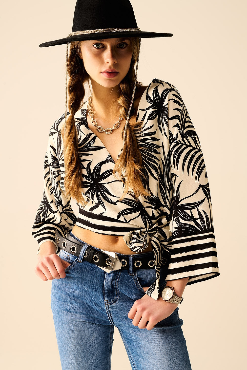 Cropped Top In White With Tropical Motif in Black - Shirts
