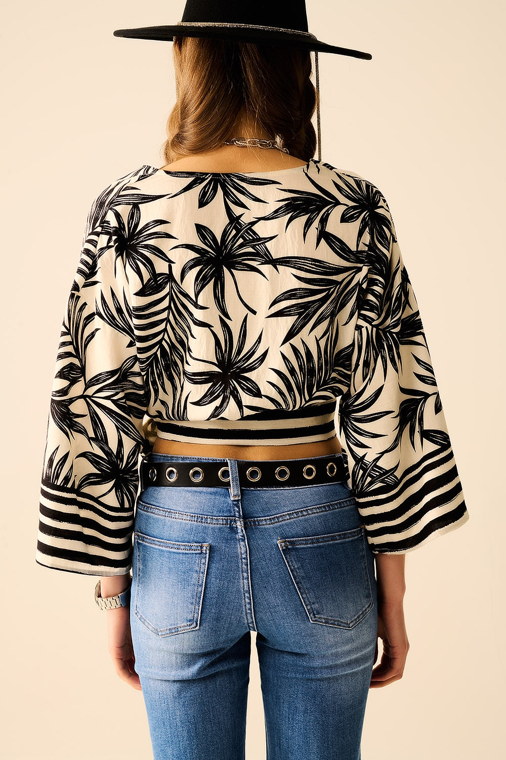Cropped Top In White With Tropical Motif in Black - Shirts