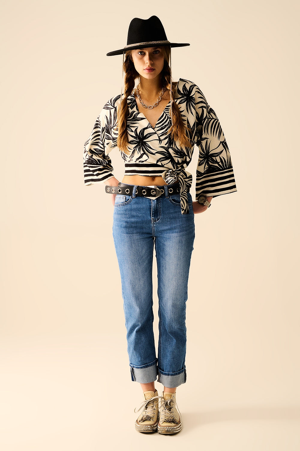 Cropped Top In White With Tropical Motif in Black - Shirts