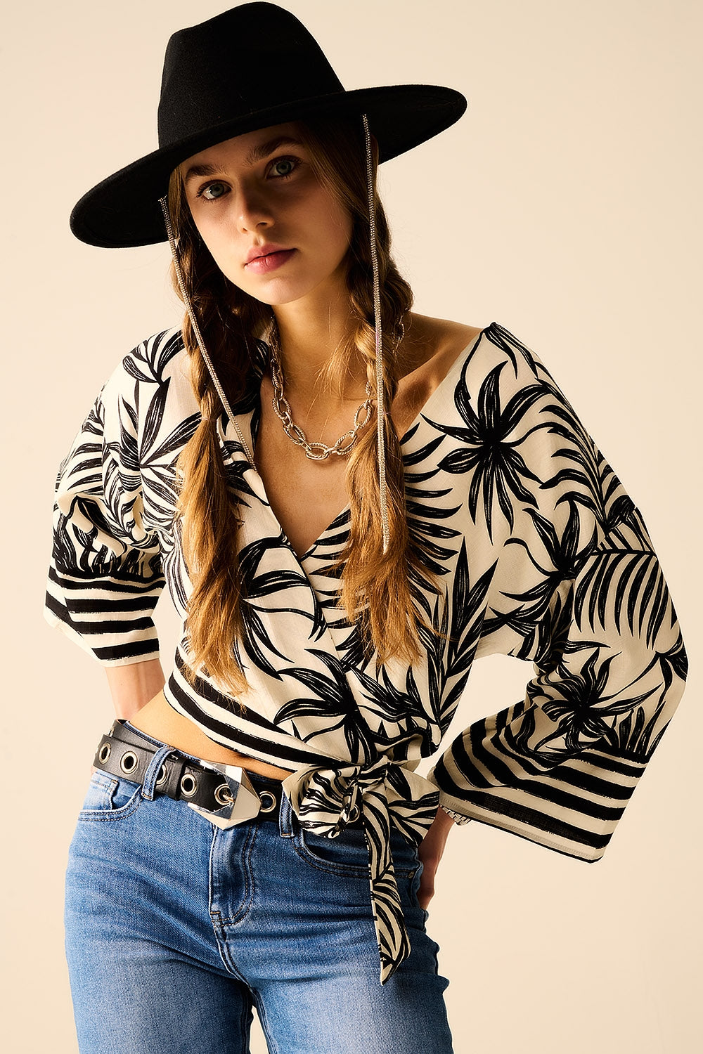 Cropped Top In White With Tropical Motif in Black - Shirts