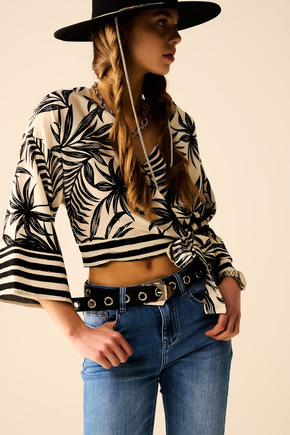 Cropped Top In White With Tropical Motif in Black - Shirts