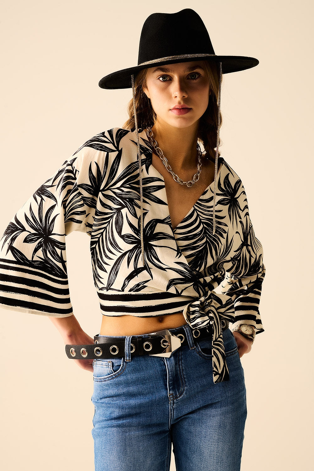 Cropped Top In White With Tropical Motif in Black - Shirts