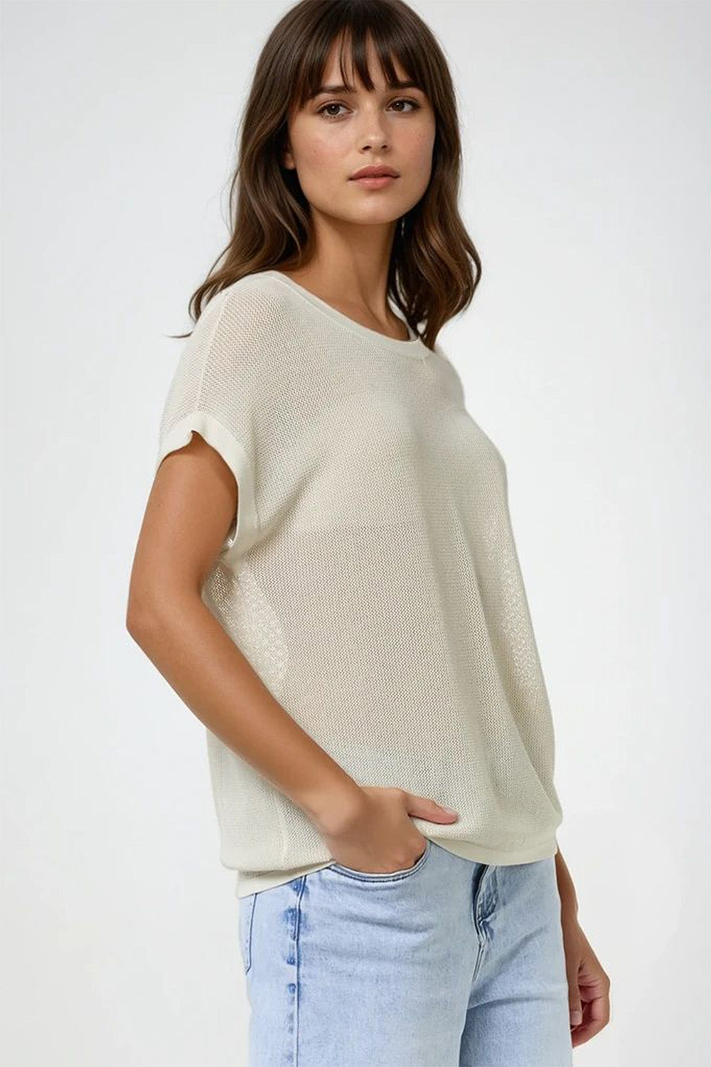 grid knit sweater in beige color