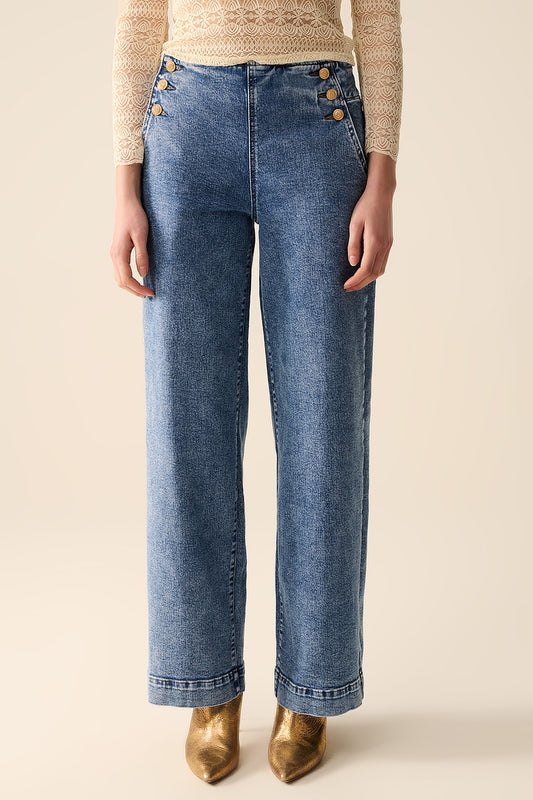 Straight Leg Marine Jeans With Gold Buttons in Mid Wash - Denim