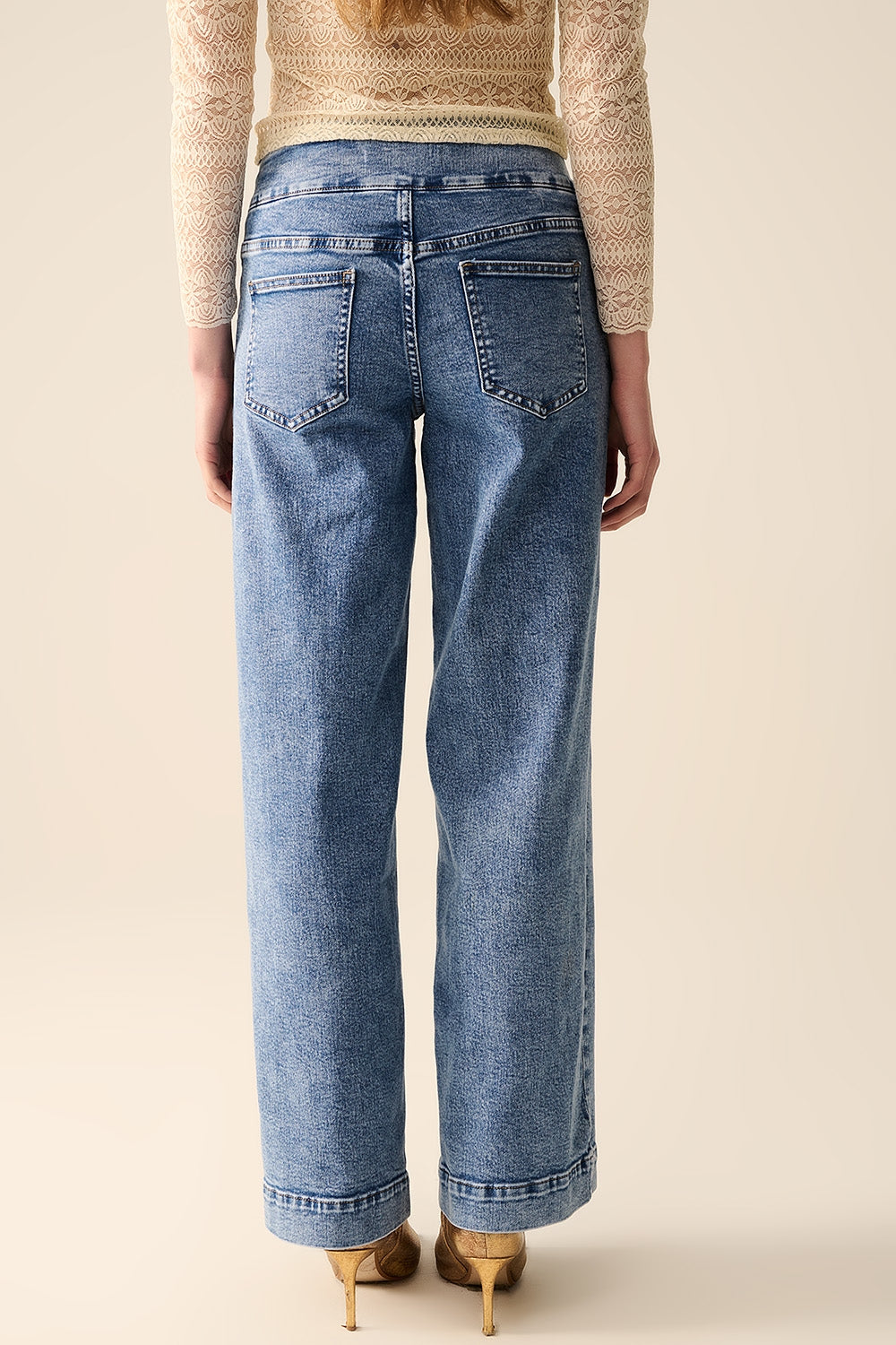 Straight Leg Marine Jeans With Gold Buttons in Mid Wash - Denim