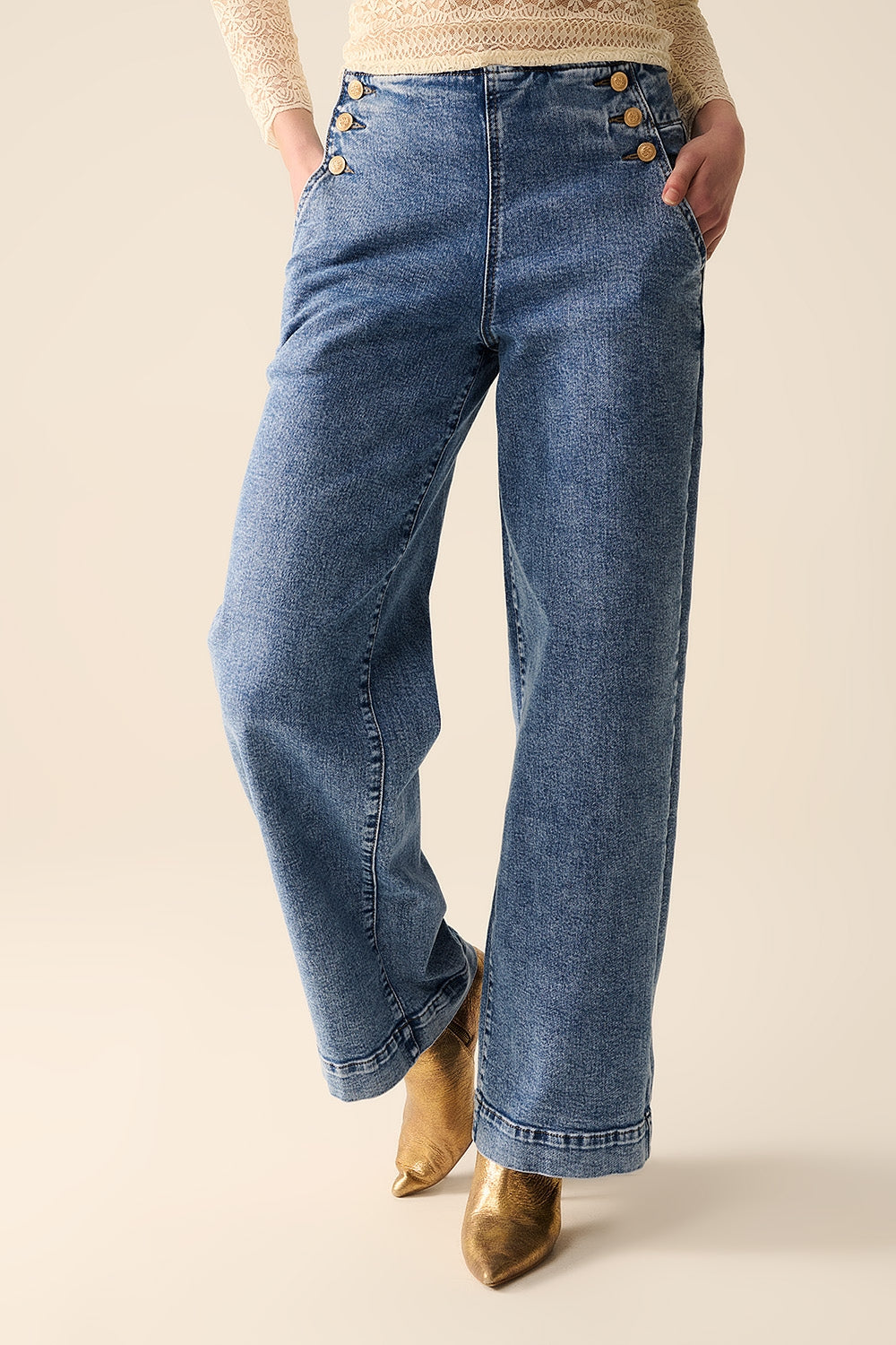 Straight Leg Marine Jeans With Gold Buttons in Mid Wash - Denim
