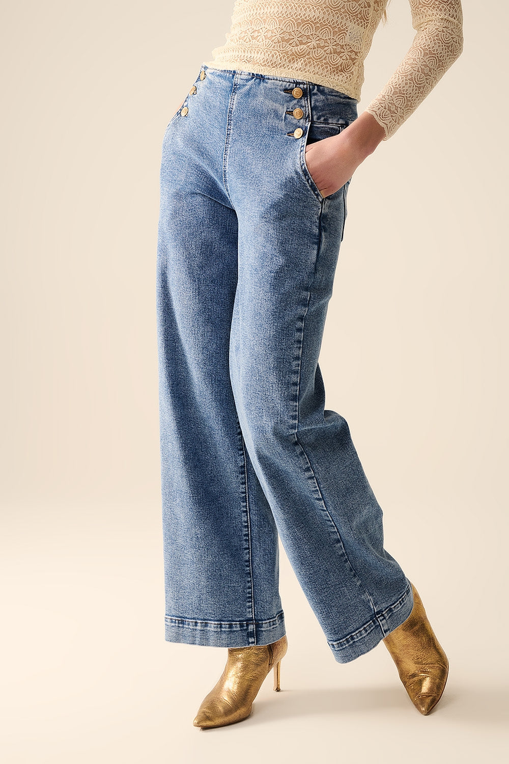 Straight Leg Marine Jeans With Gold Buttons in Mid Wash - Denim