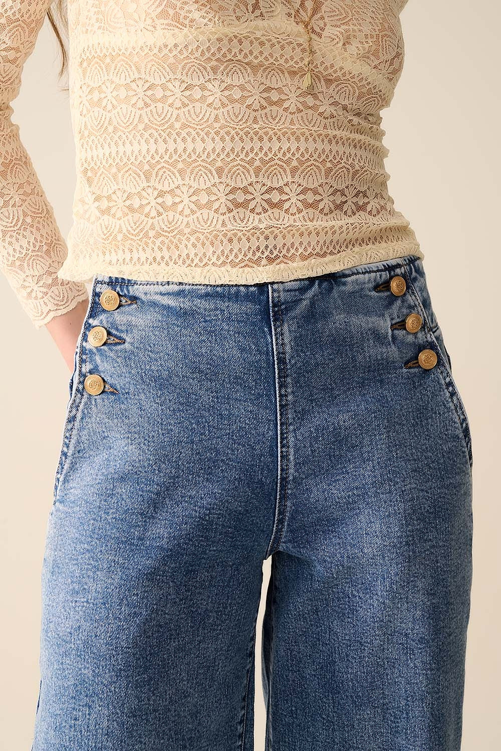 Straight Leg Marine Jeans With Gold Buttons in Mid Wash - Denim