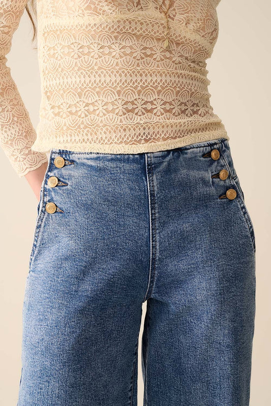 Straight Leg Marine Jeans With Gold Buttons in Mid Wash - Denim