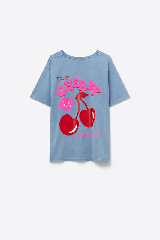 Blue T-shirt with Cherry in logo and letters - top