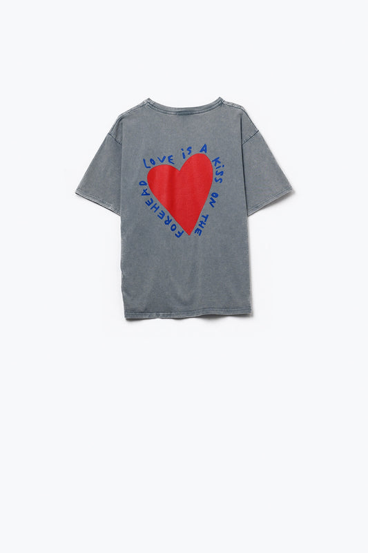 Grey T-shirt featuring a heart design on both the front and back - top