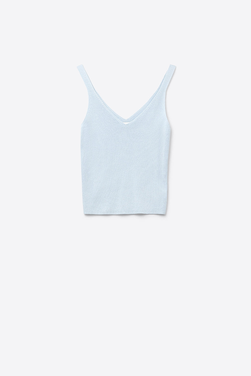 Baby Blue ribbed knit top with V-neck and spaghetti straps