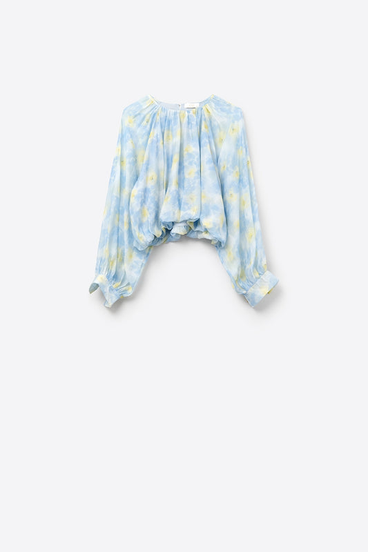 Blue printed chiffon blouse with balloon sleeves - Shirts