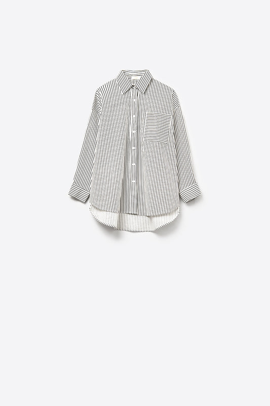 High-Low Oversized Striped Shirt With Chest Pocket in Black and White - Shirts