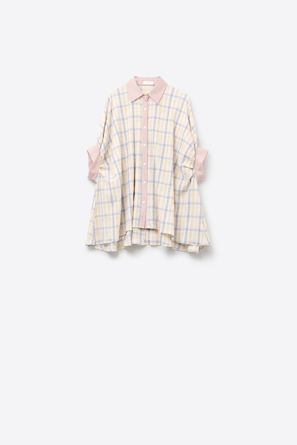 Oversized Flowy Blouse with Checked Contrast - Shirts