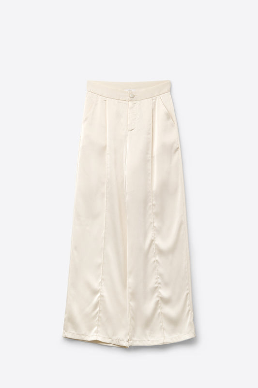 cream wide leg pants in textured satin - trousers