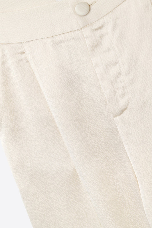 cream wide leg pants in textured satin - trousers
