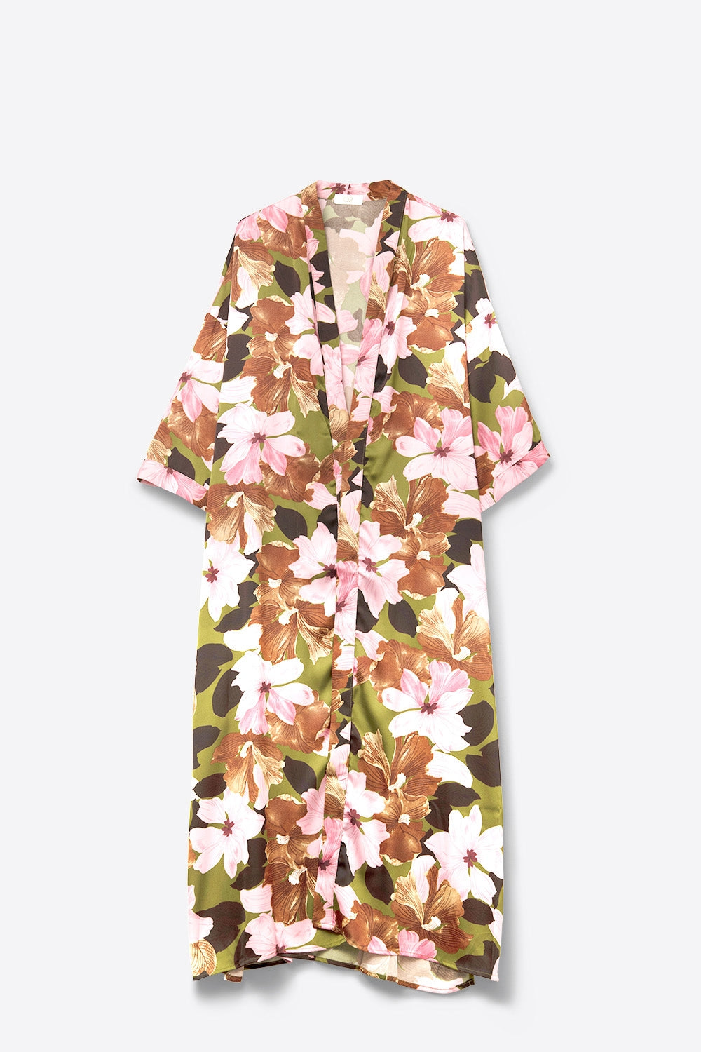 Satin Tropical Floral Kimono in Olive Green - kimono jacket