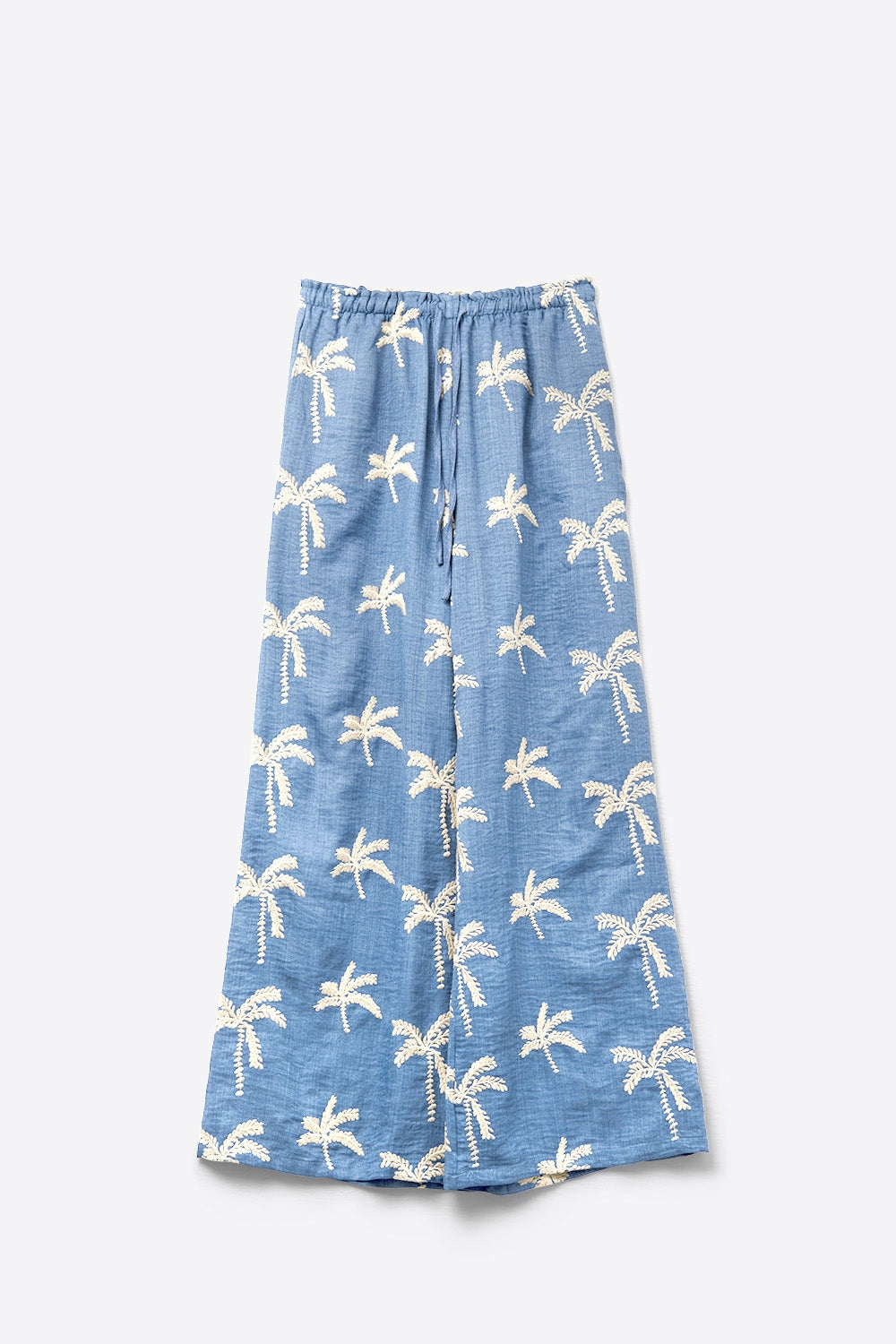 Blue Wide-Leg Trousers with beige Palm Tree Embroidery - trousers