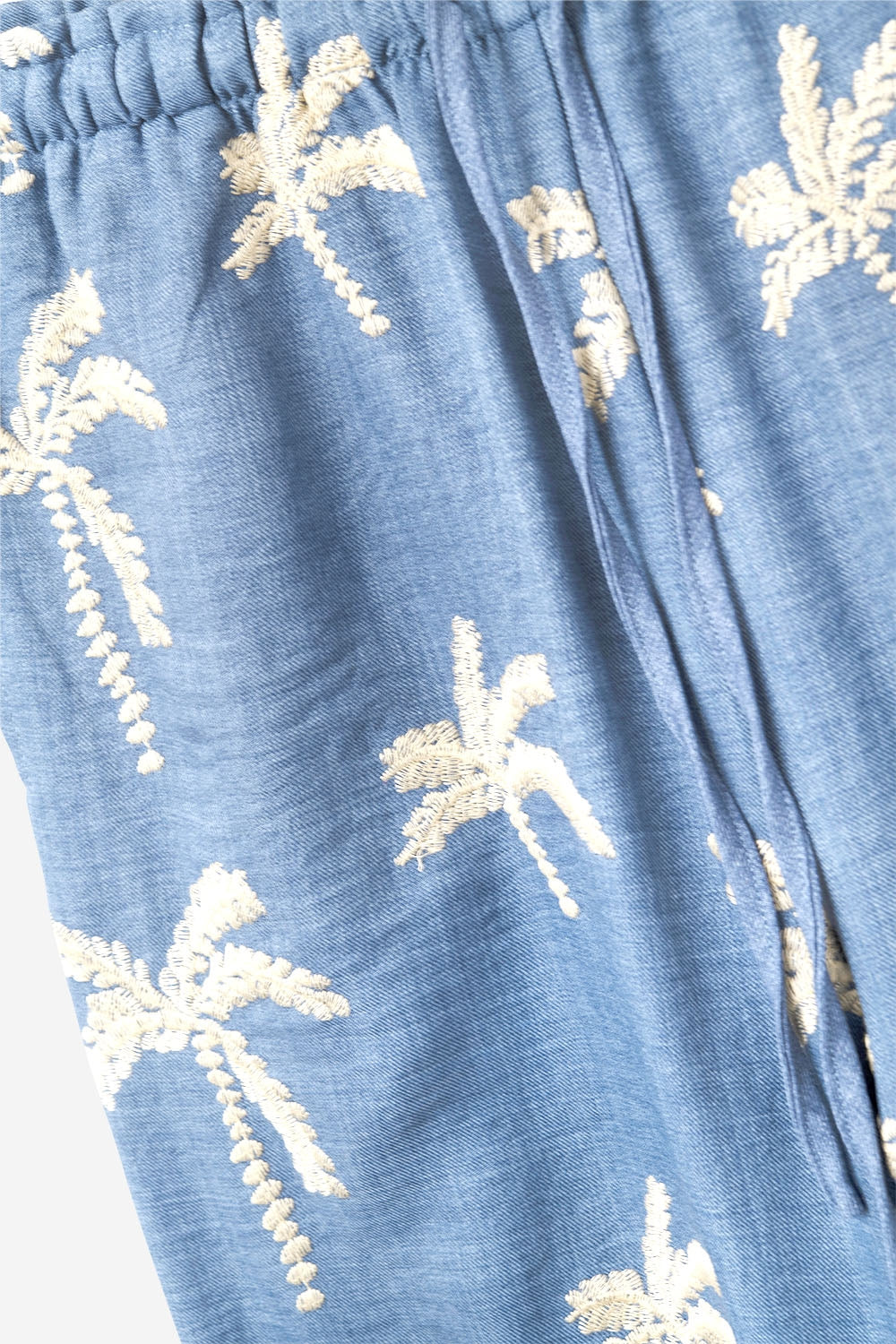 Blue Wide-Leg Trousers with beige Palm Tree Embroidery - trousers