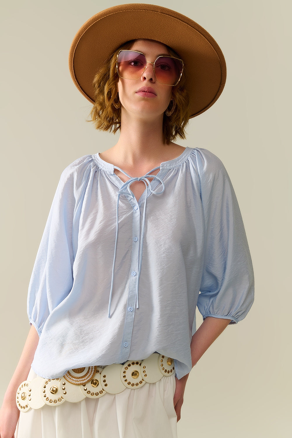 Baby Blue chiffon Top With Puffed Sleeves - Shirts