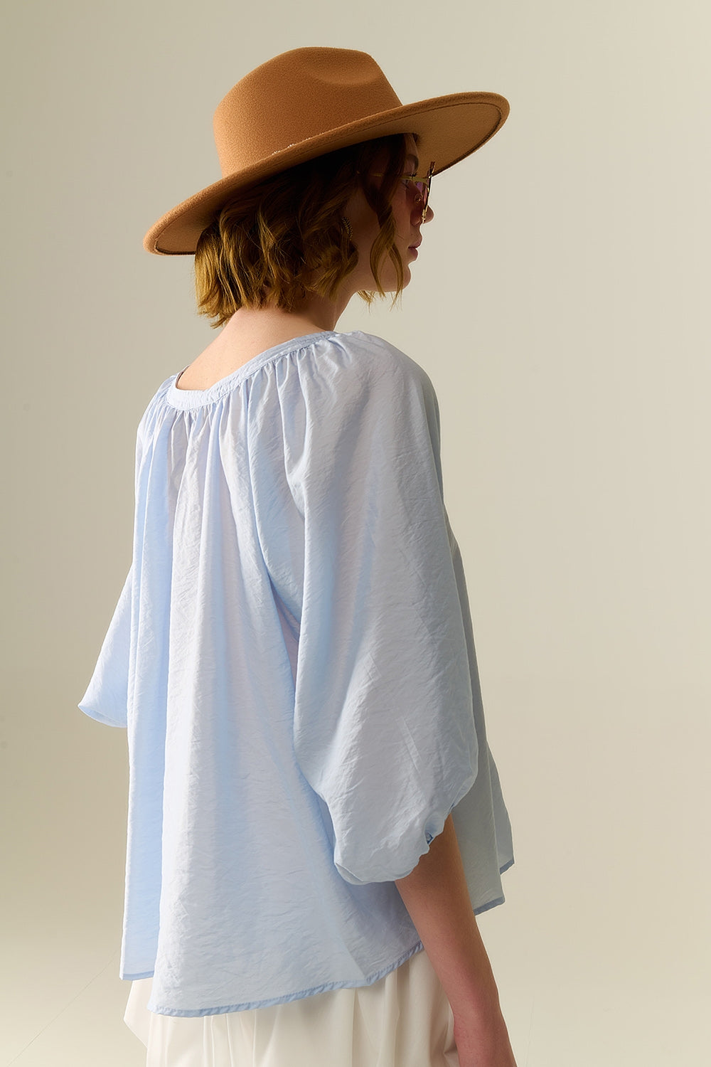 Baby Blue chiffon Top With Puffed Sleeves - Shirts