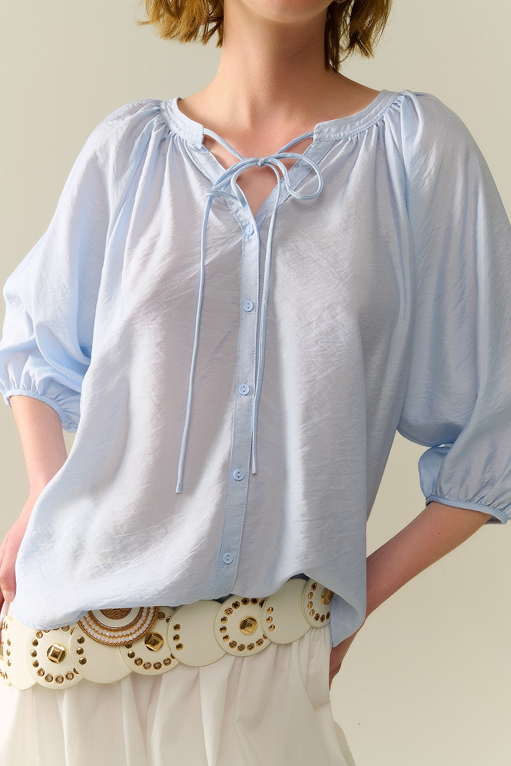 Baby Blue chiffon Top With Puffed Sleeves - Shirts
