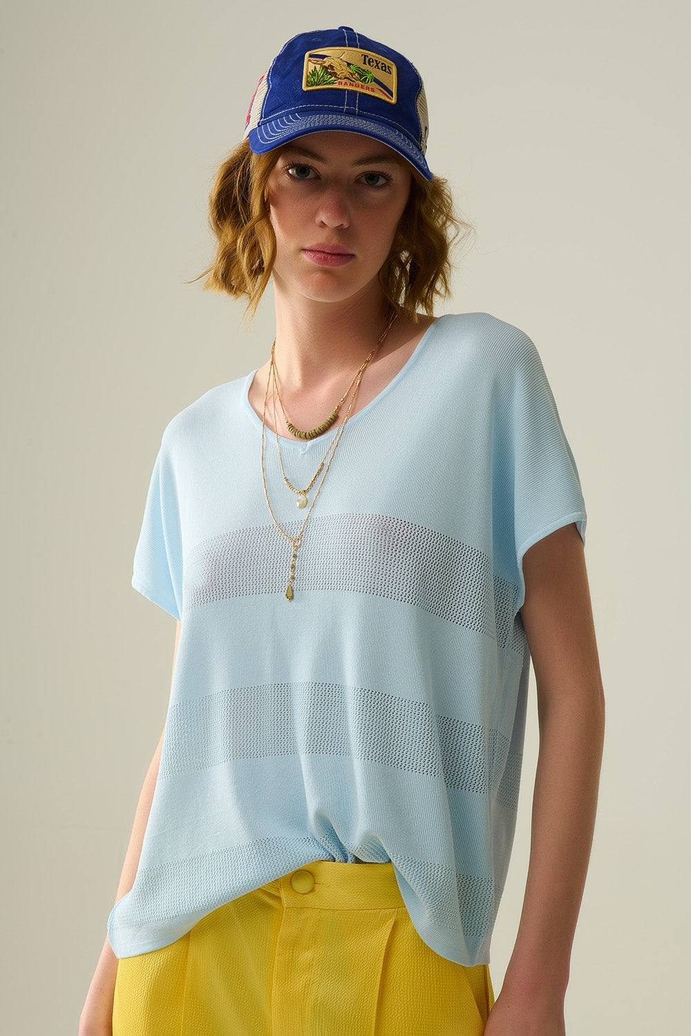 Baby Blue V-neck sweater with open knit detail - Jumpers