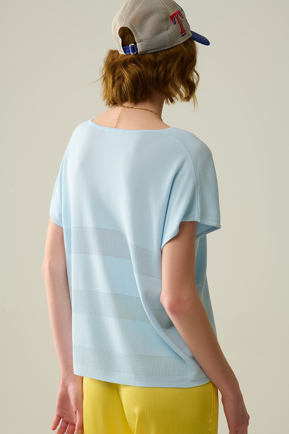 Baby Blue V-neck sweater with open knit detail - Jumpers
