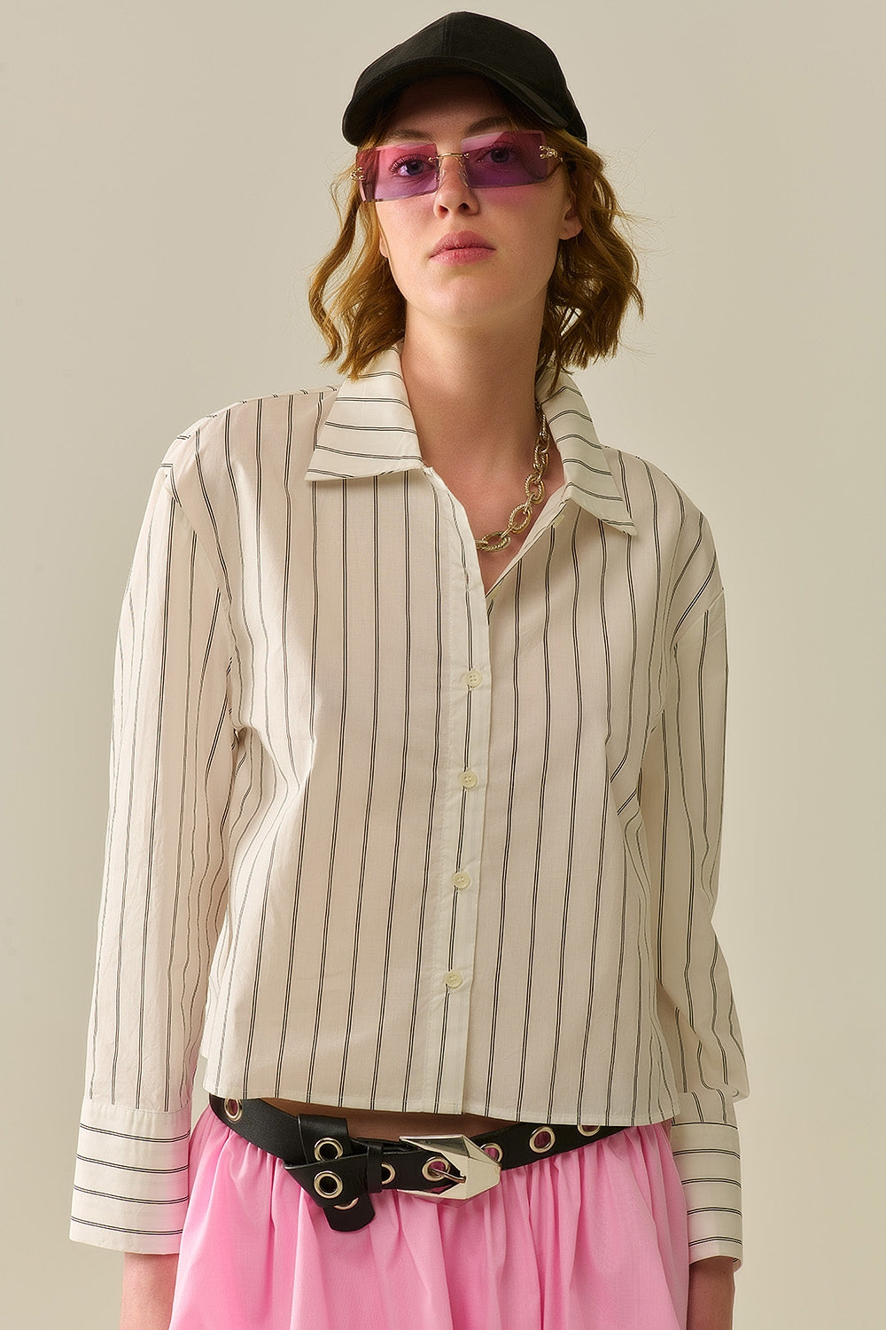 chemise courte en popeline rayée blanche