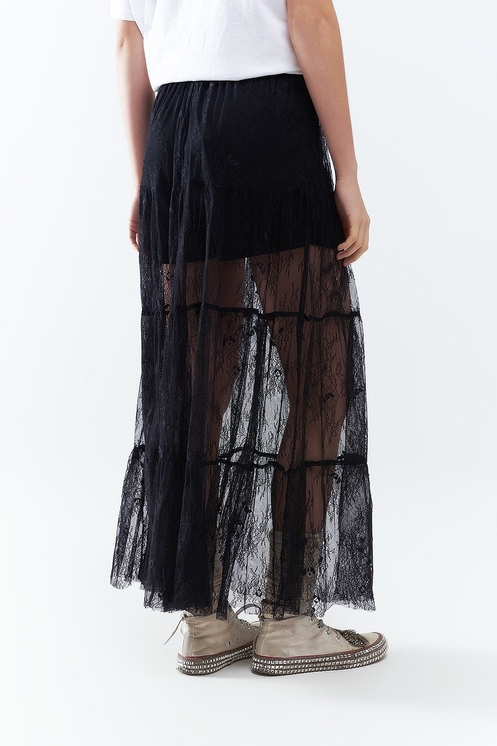 Maxi Black Lace Skirt with Floral Print
