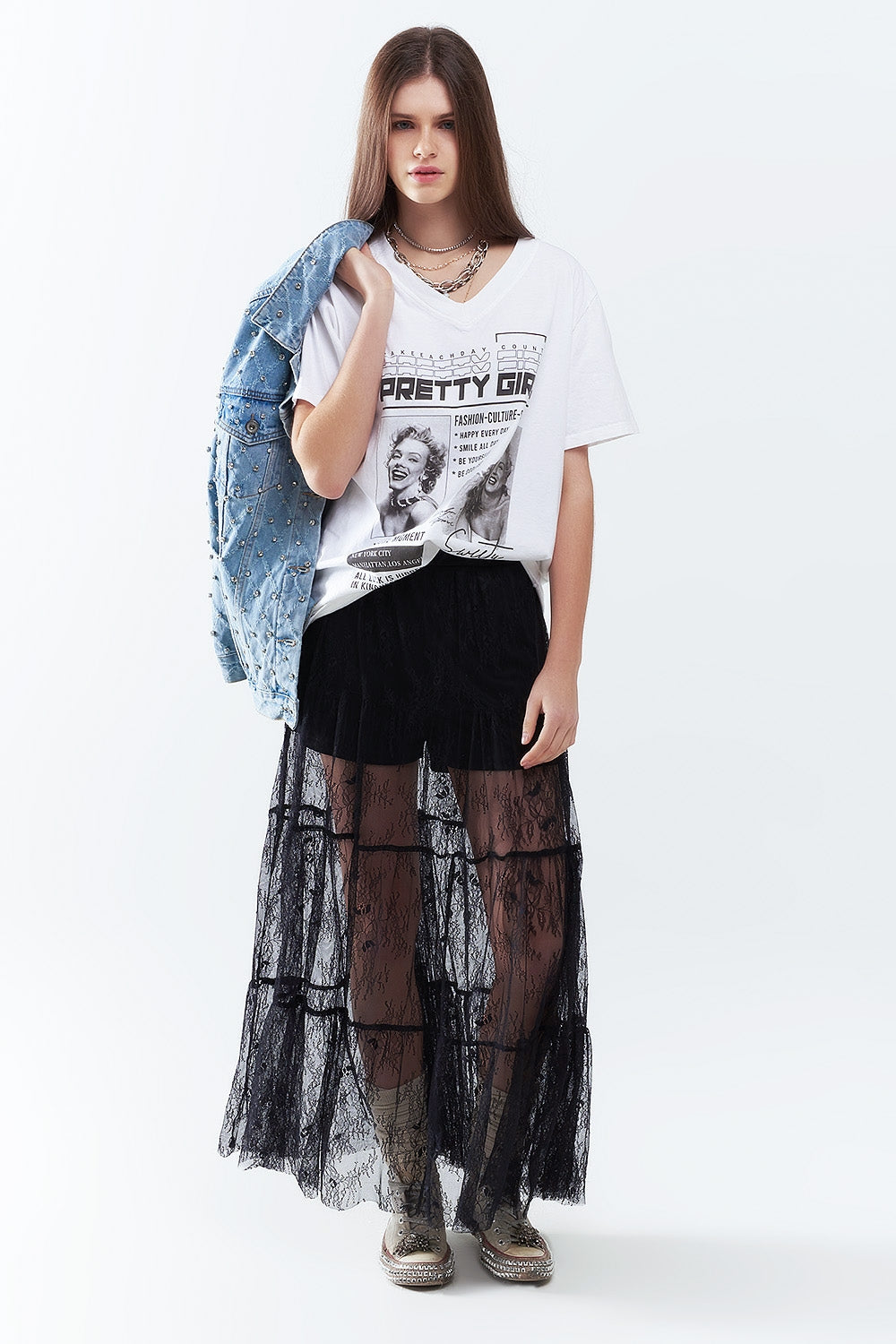 Maxi Black Lace Skirt with Floral Print