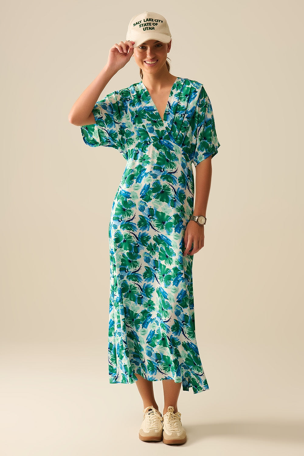 Maxi floral print dress in satin fabric with dropped sleeves - dress