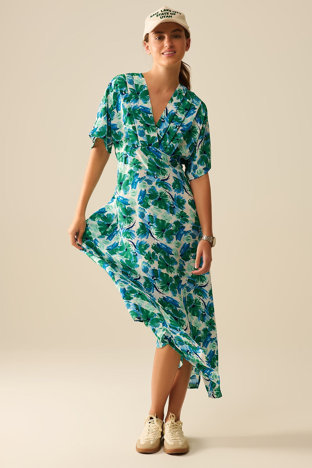 Maxi floral print dress in satin fabric with dropped sleeves - dress