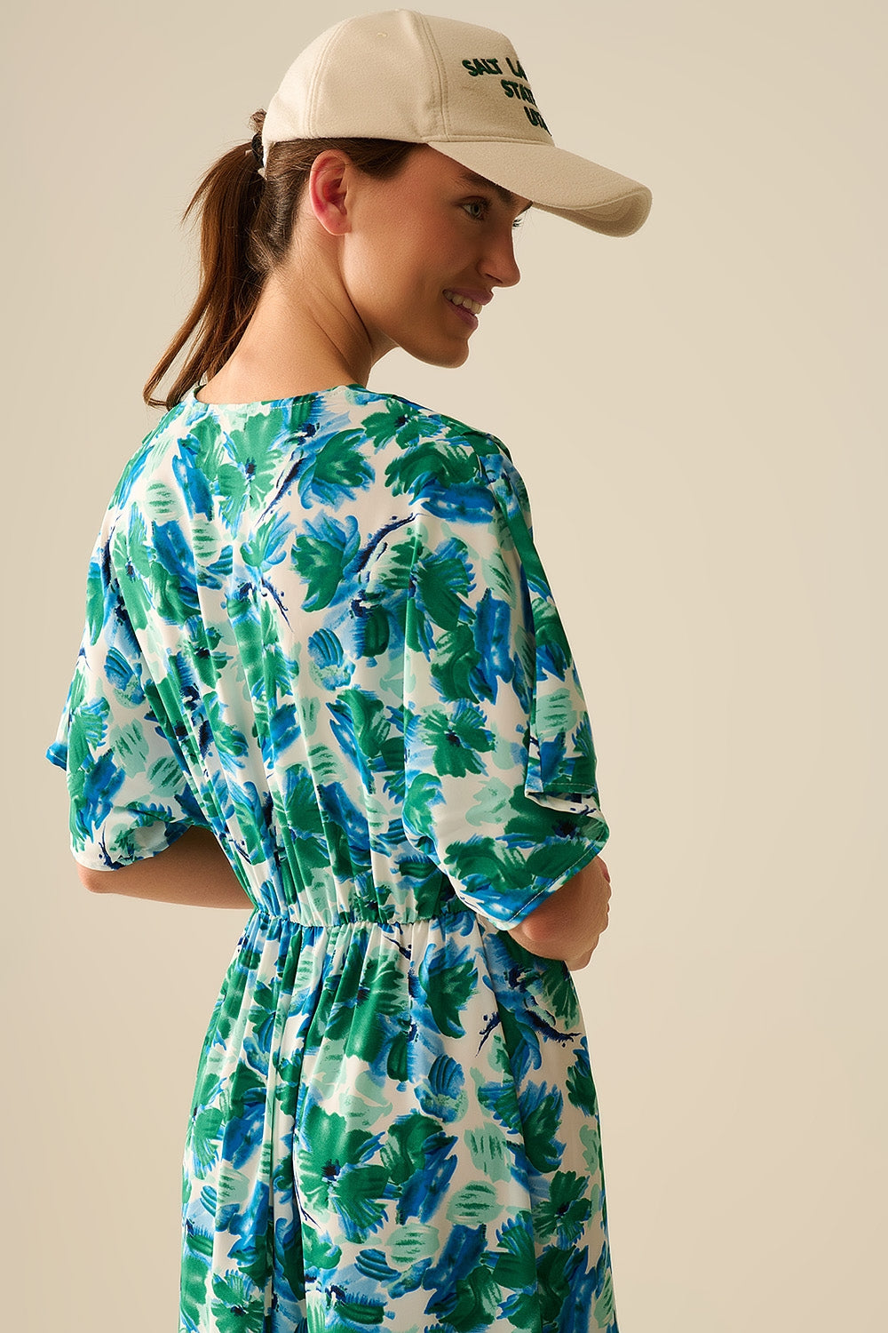 Maxi floral print dress in satin fabric with dropped sleeves - dress