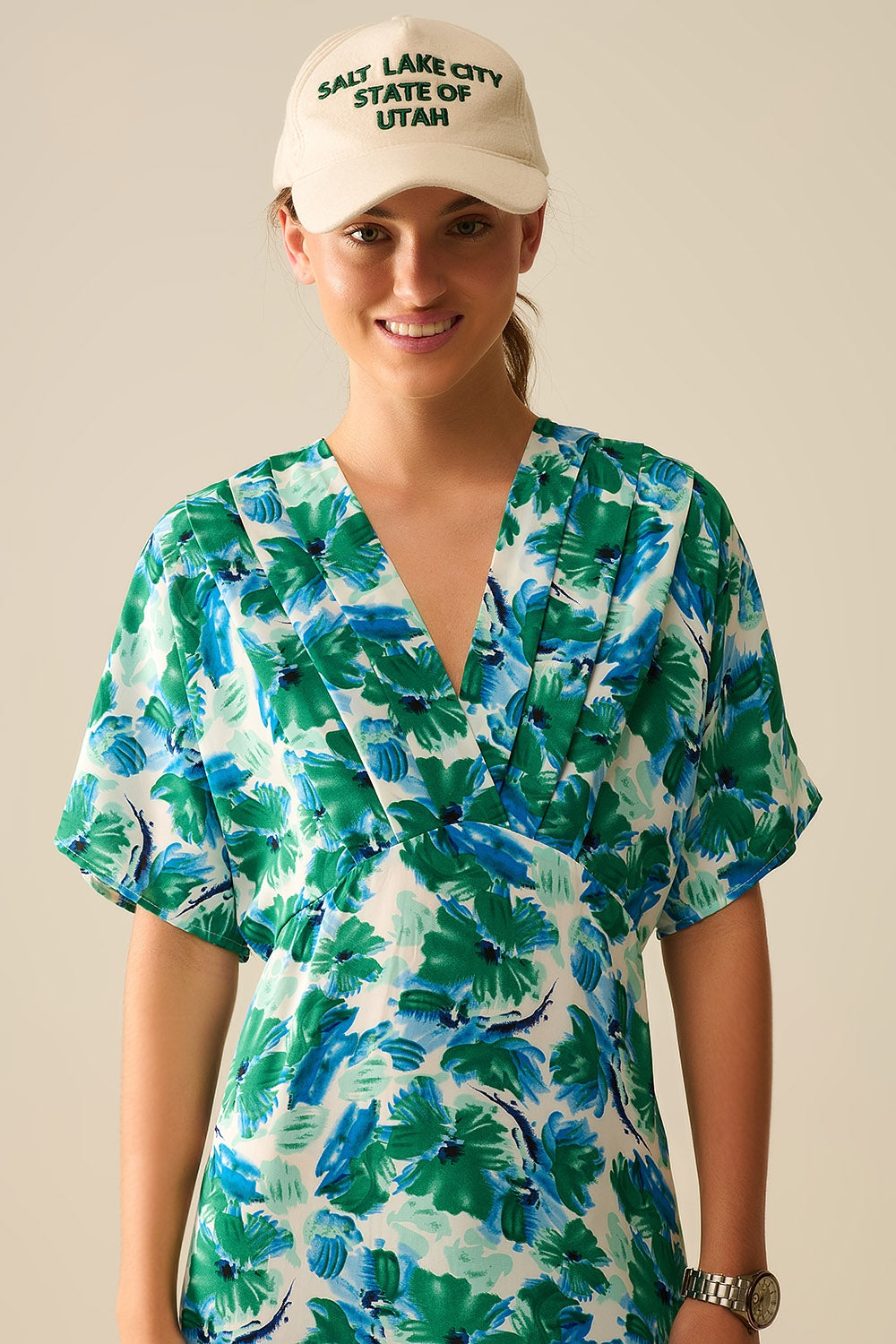 Maxi floral print dress in satin fabric with dropped sleeves - dress