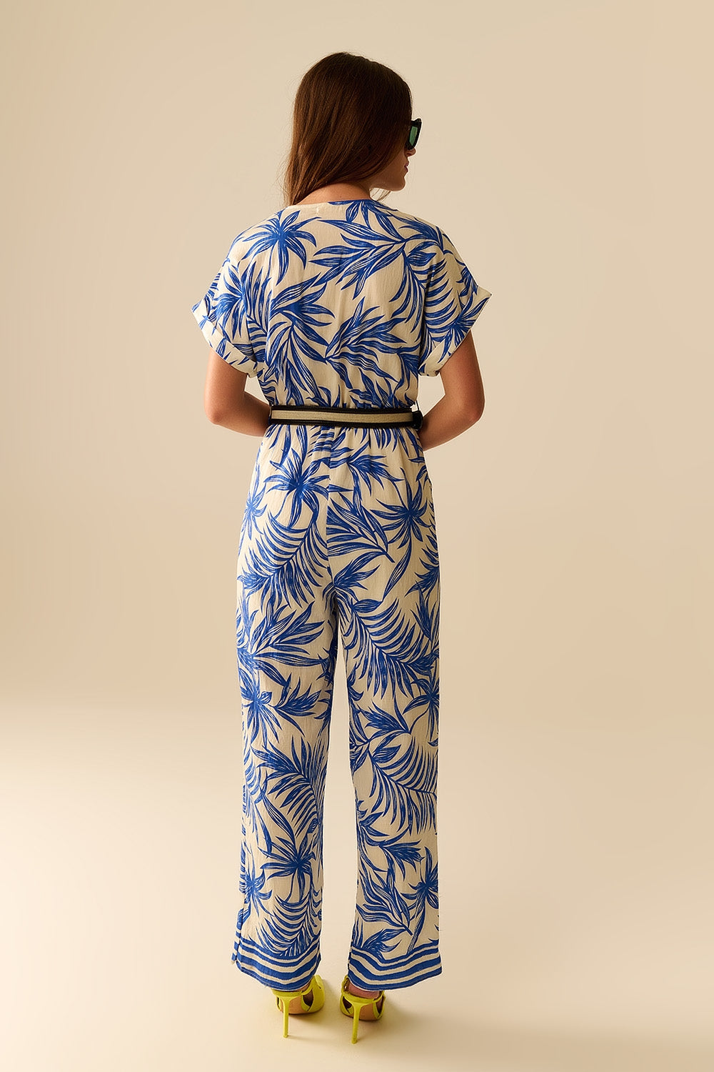 Tropical Motif Short Sleeve Jumpsuit in blue and white - jumpsuit
