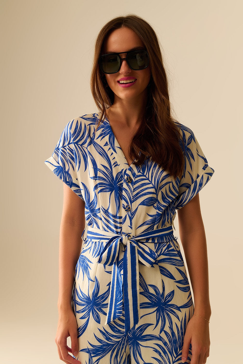 Tropical Motif Short Sleeve Jumpsuit in blue and white - jumpsuit