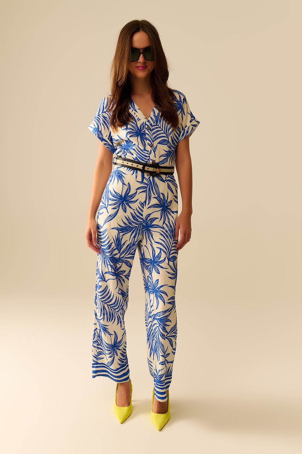 Tropical Motif Short Sleeve Jumpsuit in blue and white - jumpsuit