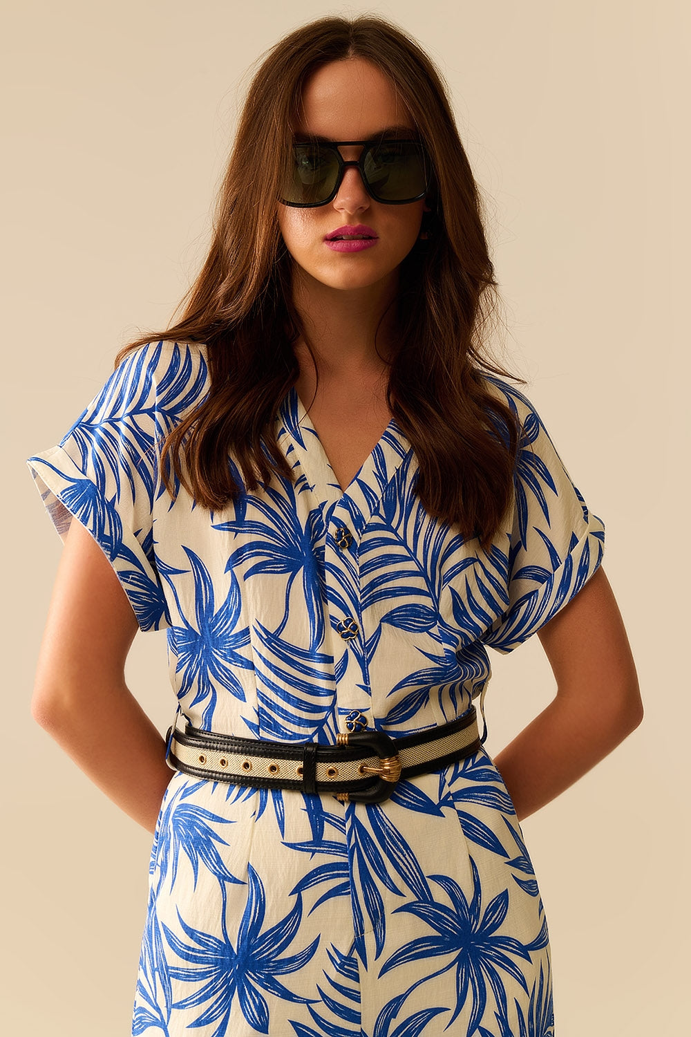 Tropical Motif Short Sleeve Jumpsuit in blue and white - jumpsuit